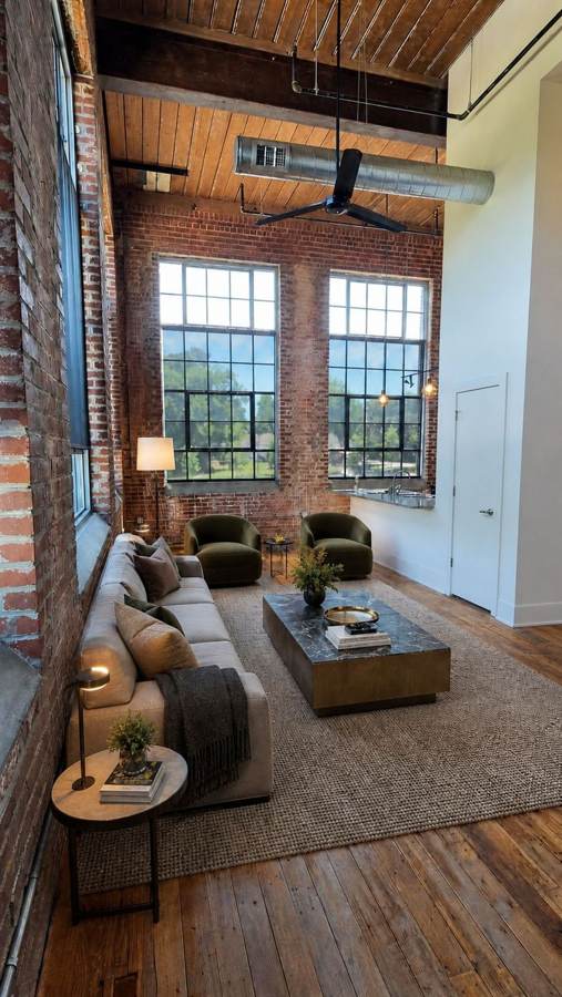 Furnished two bedroom loft interior at Drayton Mills Lofts in Spartanburg SC