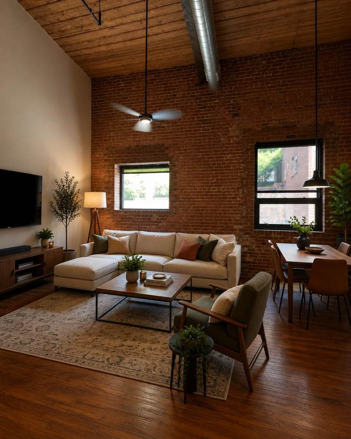 Furnished loft interior with exposed brick and mill windows at Drayton Mills Lofts