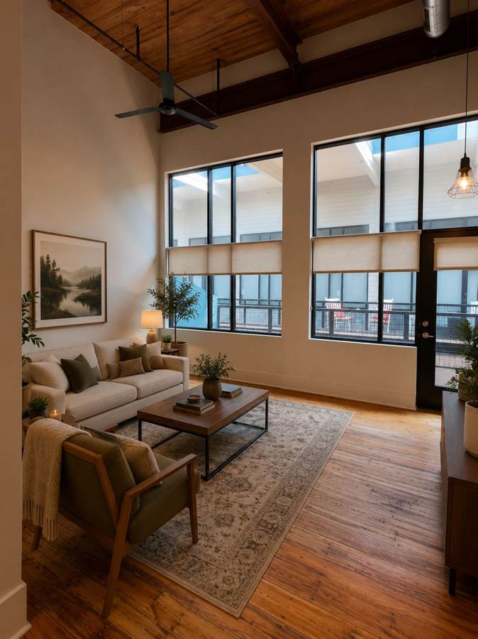 Furnished loft living and dining area with natural wood ceilings at Drayton Mills Lofts