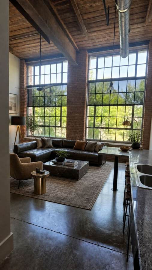 Furnished one bedroom loft with exposed brick, mill windows and 17-foot ceilings at Drayton Mills Lofts