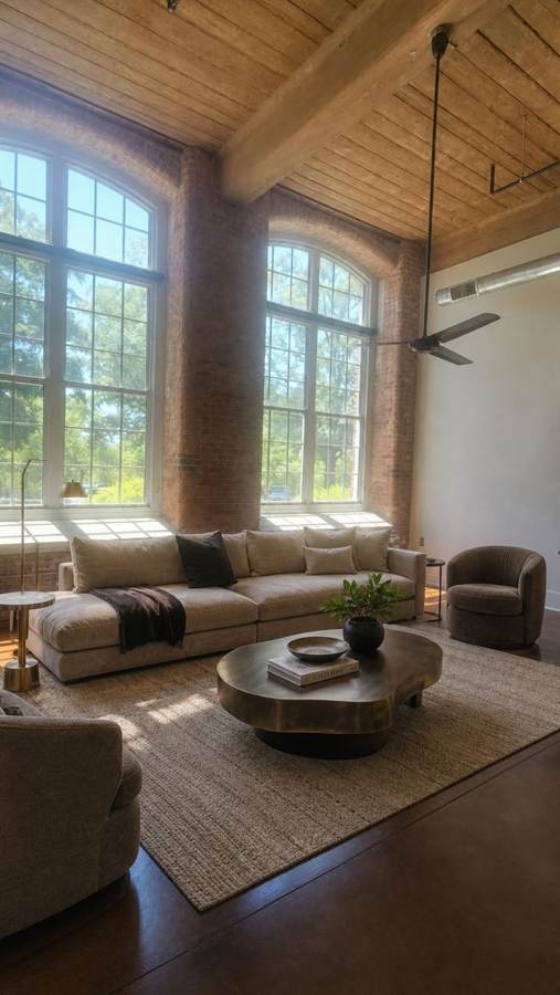Furnished two bedroom loft living space with original hardwood floors at Drayton Mills Lofts, Spartanburg SC