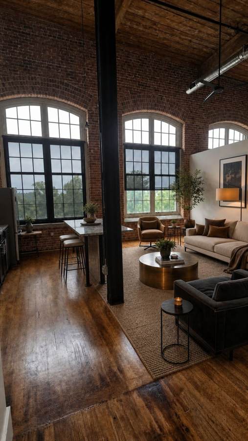 Open-plan one bedroom loft with original 1902 hardwood floors at Drayton Mills Lofts