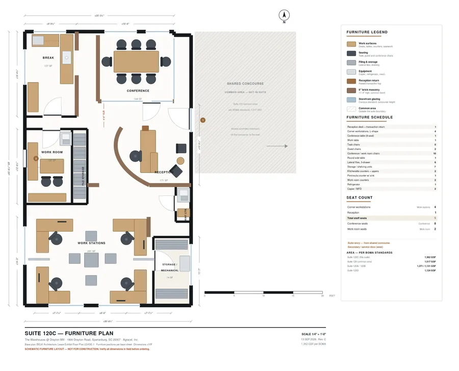Furniture floor plan for Suite 120C showing reception, an eight-seat conference room, four workstations, a work room and a break room
