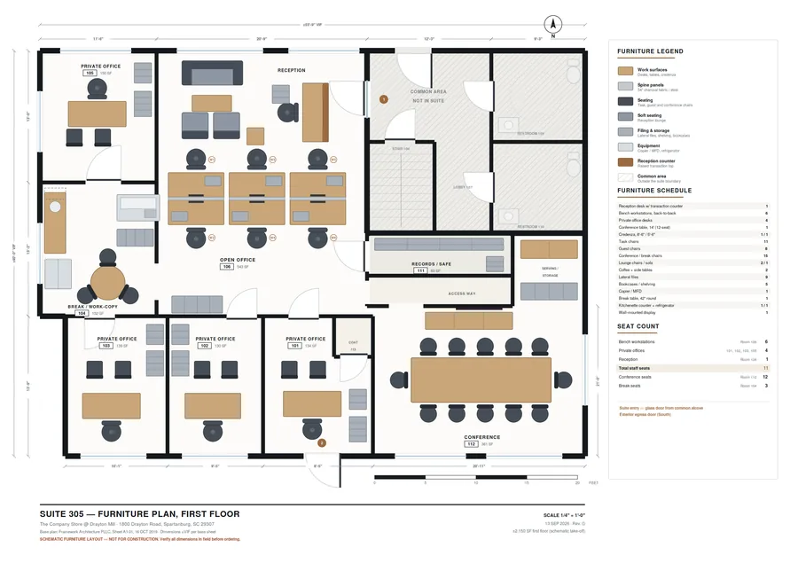 Furniture floor plan for Suite 305 showing four private offices, an open office with six workstations, reception lounge, a twelve-seat conference room and a break room